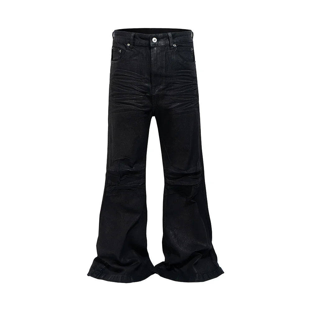 saferido Streetwear Black Glue Coated Boot Cut for Men and Women Straight Baggy Casual Flare Pants Oversized Loose Denim Trousers