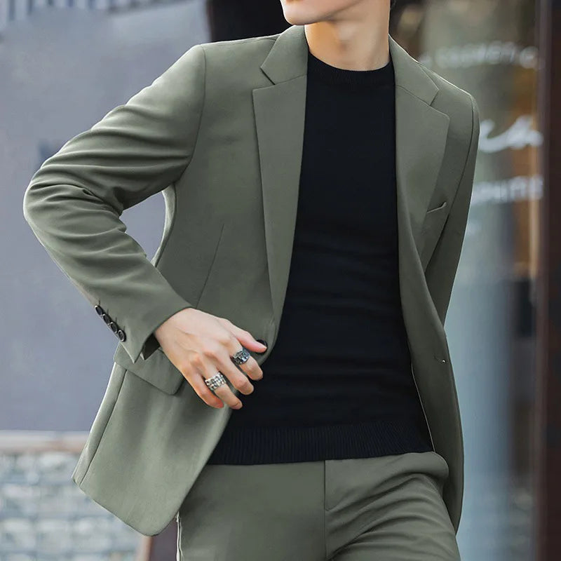 S-6XL Men's Business Casual Suit Korean Style Trendy Slim Fit 2 Piece Set Solid Color (Blazer+ Pants )Groom Wedding Dress Party