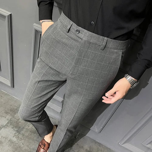 saferido Spring Summer New Plaid Dress Pants Men Clothing Business Formal Wear Slim Fit Office Trousers 36 38