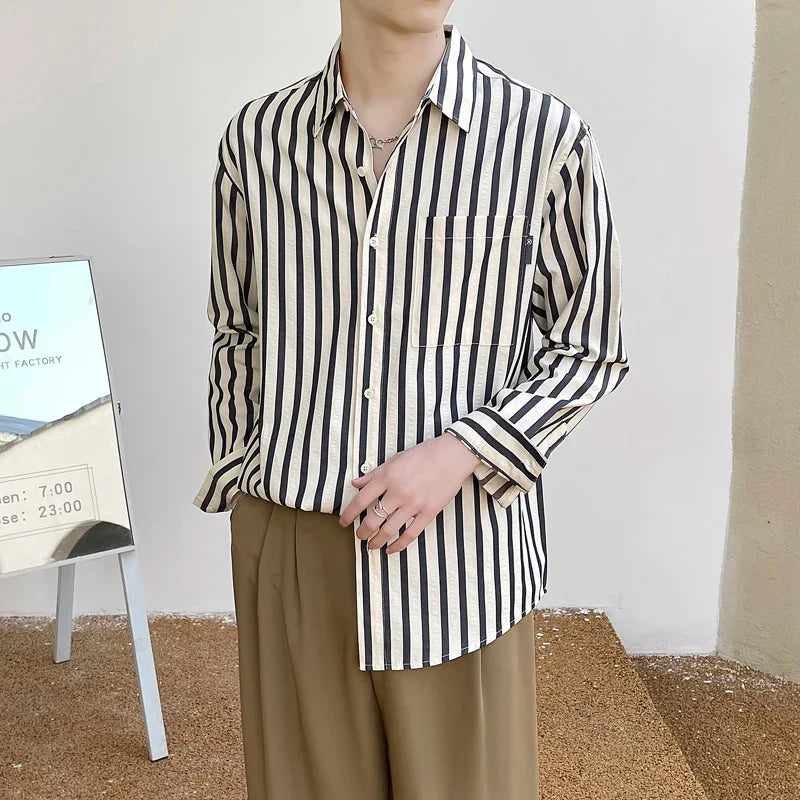 saferido Men's Korean Style Simple Loose Striped Printing Long Sleeve Shirt Fashion Trend High Quality Casual 3 Color Shirts M-2XL