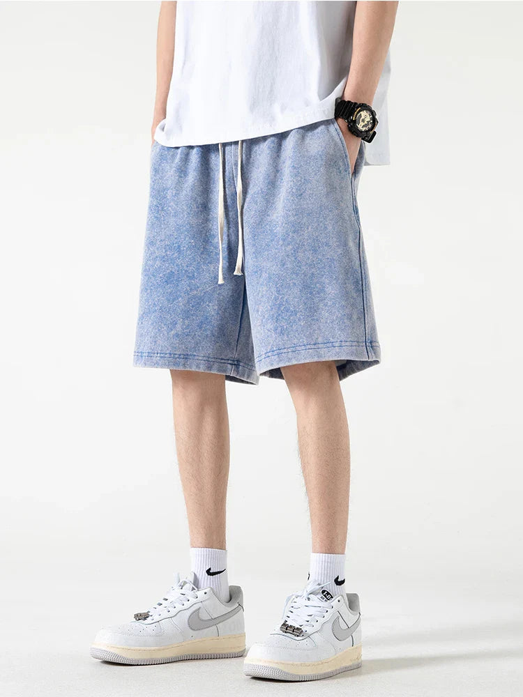 saferido 2024 New Distressed Summer Shorts Men 320G Heavy Cotton Drawstring Harajuku Loose Sweatshorts Male Casual Short Pant Streetwear