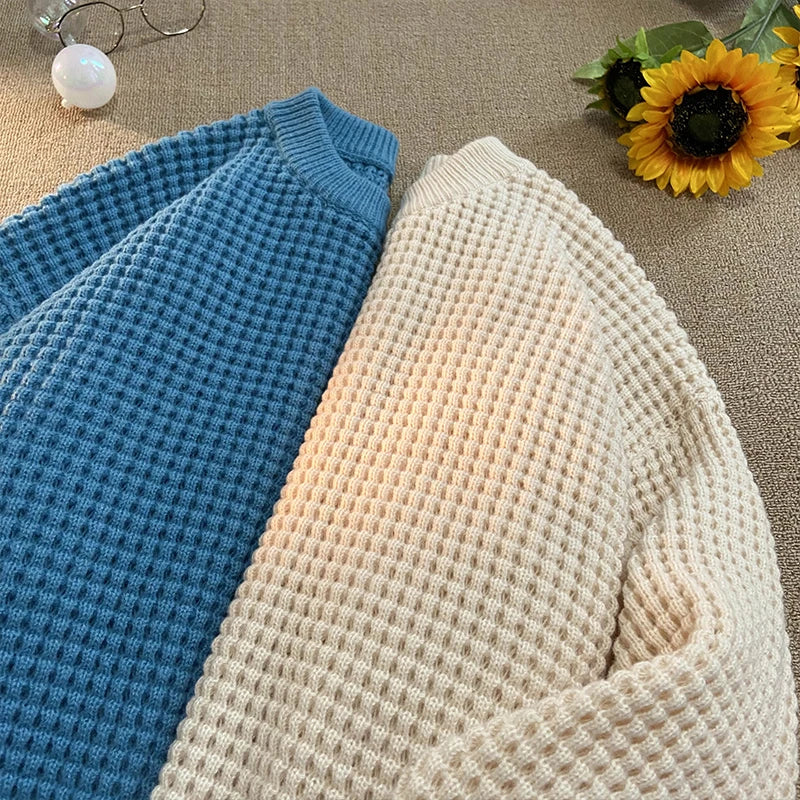 saferido Korean Solid Color Baggy Sweater Men's Knitting Pullovers Crew Neck Pullover Women Harajuku Knitwear Christmas Red Knitted