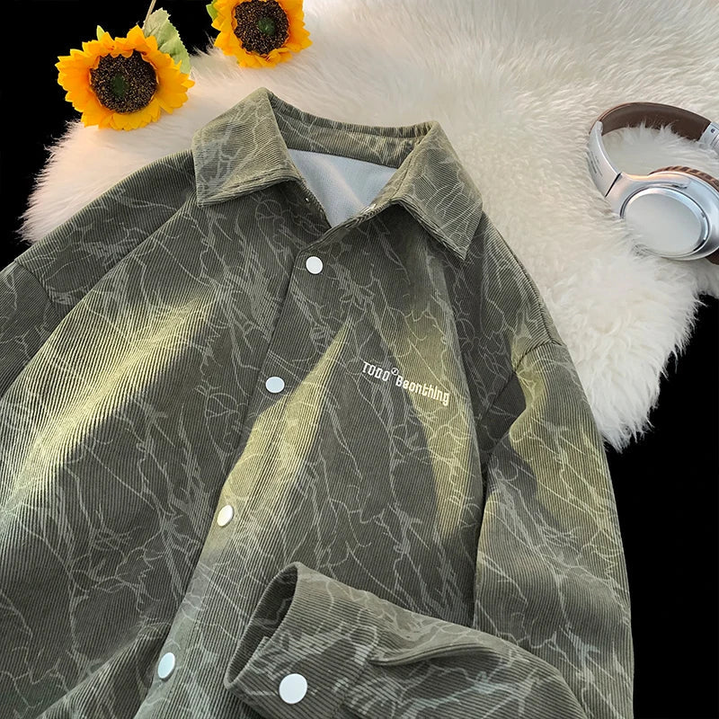 saferido Trendy Corduroy Long-sleeved Shirt Men's Casual Shirt Embroidery Design Retro Shirt 2024 Spring Fashion Printed Buttons Cardigan