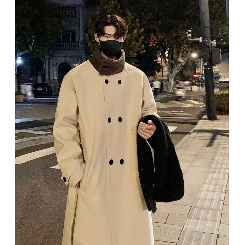 saferido Men's Lamb wool Patchwork Woolen Overcoat Men High-end Stand Collar Casual Loose Korean Style Winter New Elegant Trench Coat