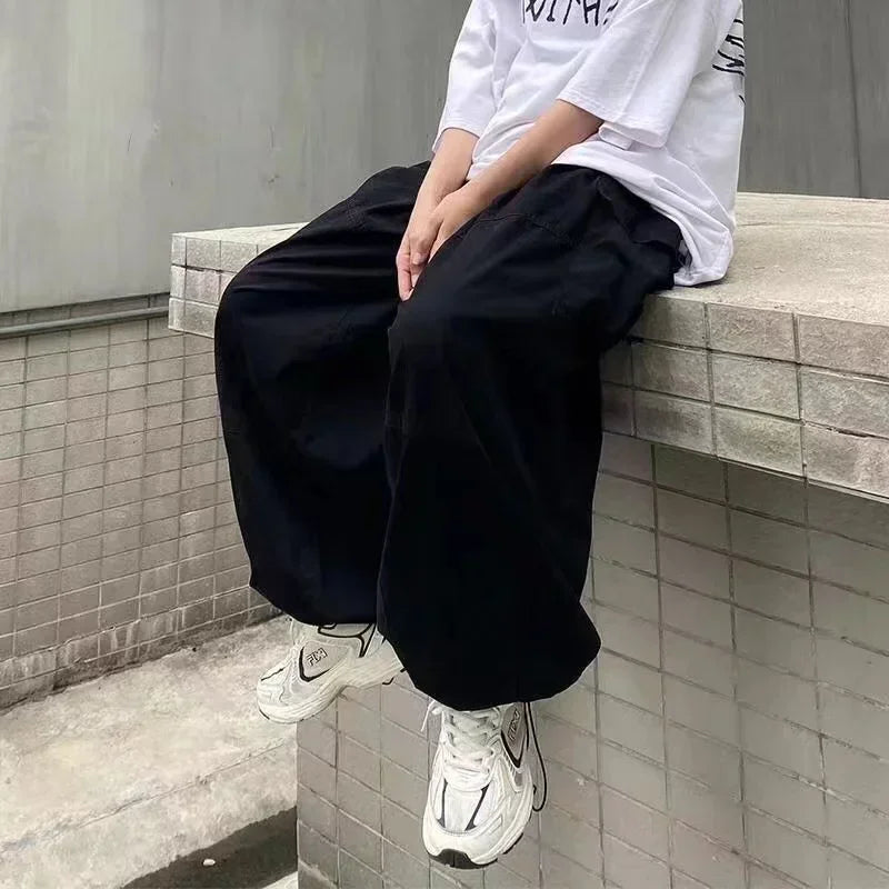 saferido Leg Men Casual Retro Wide Baggy Hip Oversize Japanese Loose Parachute Streetwear Hop Pants Cargo Male Trousers Vintage