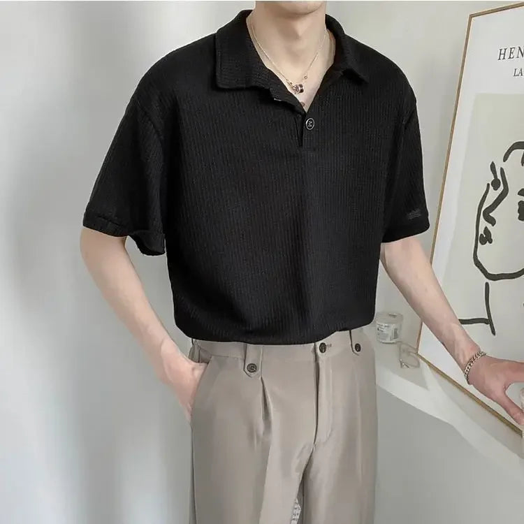 Summer Men Solid Color Tops New Korean Style Button Polo Shirts Fashion Casual Loose Lapel Polo Shirts Men's Clothing