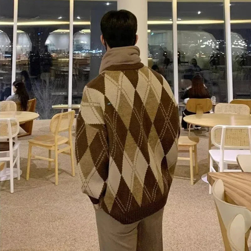 saferido Argyle Sweater Pullover Men's Christmas Grandpa Sweater Korean Casual Vintage Retro Clothes Autumn Streetwear Harajuku