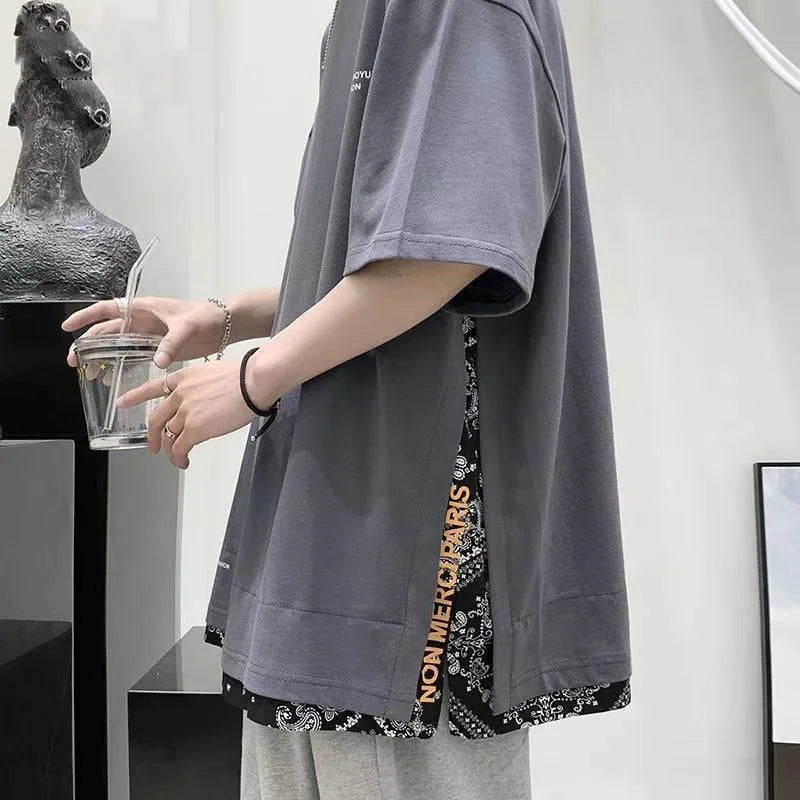 saferido Street Casual Fashion Loose Pullovers Patchwork T-Shirts Short Sleeve Man Spring Summer Thin Hooded Round Neck Men's Clothing