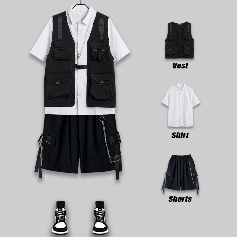 Men's Shorts Set Tank Top Men Cargo Punk Rave Vest Male Shirt Streetwear Hip Hop Hippie Men Clothing Pockets