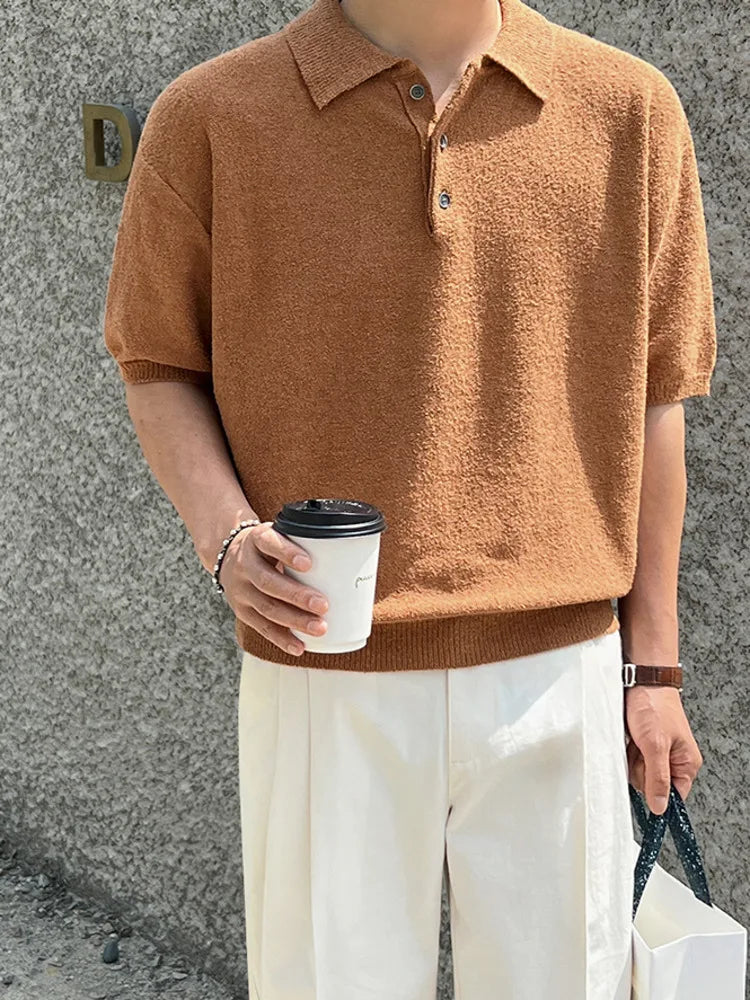 saferido Short Leeved Men's T-shirt Korean Style Simple Retro Kniting Lapel Trend Fashion Loose Casual Male Top 2024 Summer New