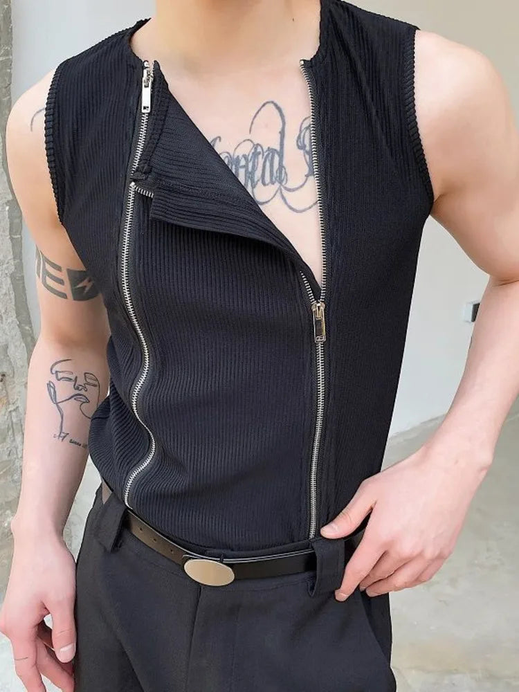 Men Clothing Summer Double Zipper Design Solid Color Vests Personality Vest Niche Sleeveless Tank Top For Male