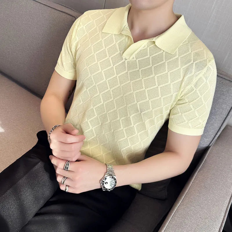 saferido Male Spring Slim Fit Knitting Polo Shirts British Style Men's Summer Casual Hollow Out Short Sleeves Polo Shirts S-3XL