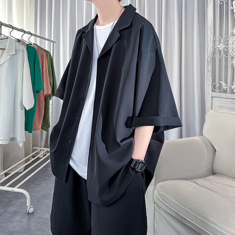 Korean Style Men's Set Shirt+Shorts Solid Short Sleeve Top Matching Bottoms Summer Fashion Oversized Clothing Men