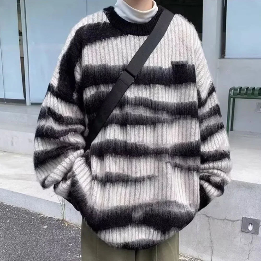 saferido Mens Thin Knitted Sweater Daily Personality Trend Casual All-Match Soft Contrast Striped Top Men'S Clothing 2024 Spring Autumn