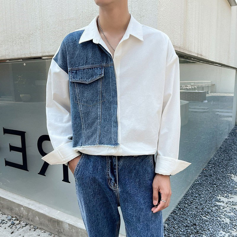 Daily Streetwear Mens Denim Patchwork Shirt Clothes Fashion Turn-down Collar Long Sleeve Button Shirts For Men Fall Casual Tops