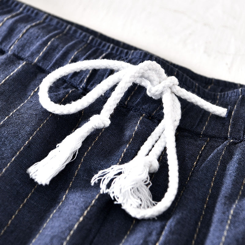 Cotton Linen Shorts for Men Fashion Striped White Loose Holiday Shorts Man Casual Plus Size Drawstring Short Pants