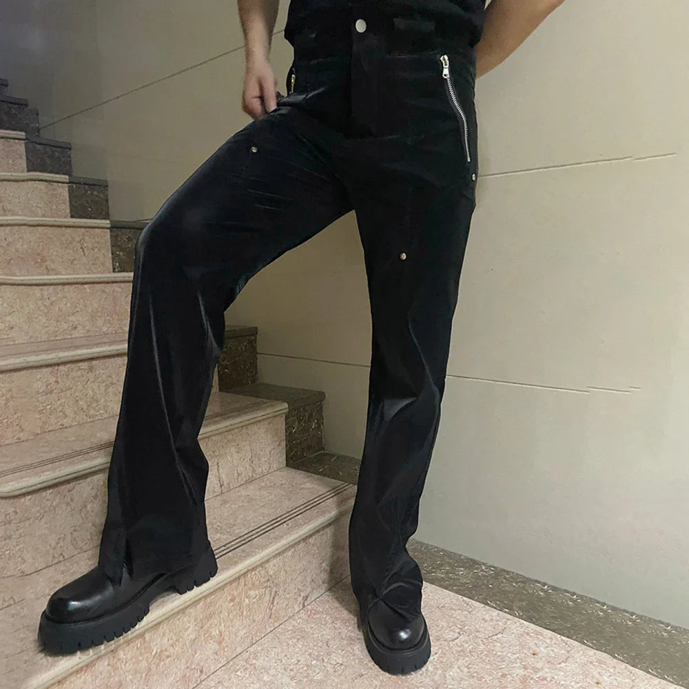 saferido Y2k Mens American Retro Design Punk Street Trousers Fashion High Waist Loose Versatile Split Liquid Leather Pants Unisex