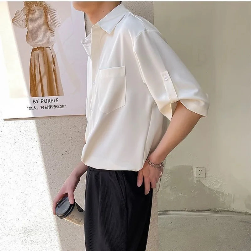 saferido Simple Korean Short Sleeved Men Summer Solid White Shirt Lapel Button Pocket Harajuku Fashion Trendy Loose Casual Thin Male Top