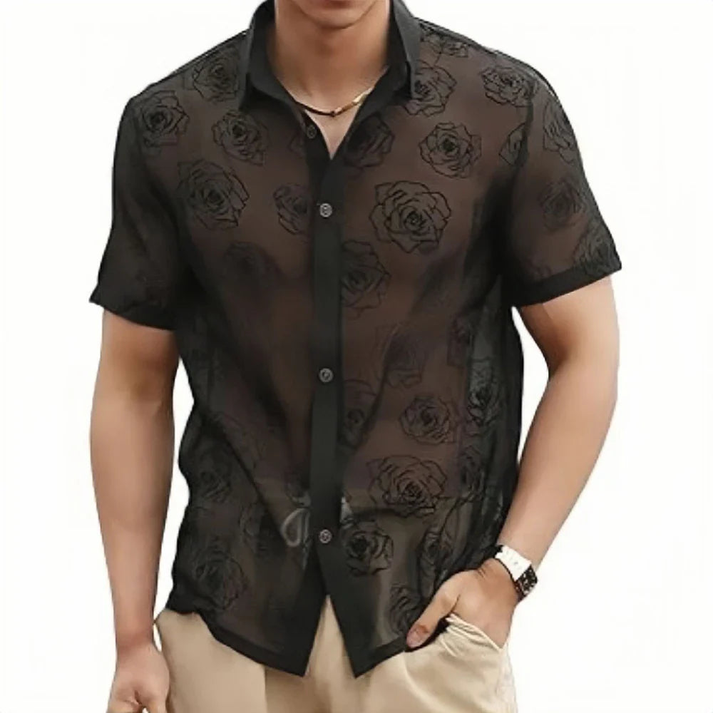 saferido Mens Sexy See-Through Lace Rose Short-Sleeved Shirt 2024 Spring Summer New Genderless Fashion Thin Solid Color Loose Top Unisex