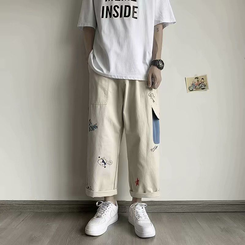 Khaki Cargo Pants with Print Baggy Loose Casual Trousers Male Summer Cotton Korean Streetweer Harajuku Cartoons Graffiti
