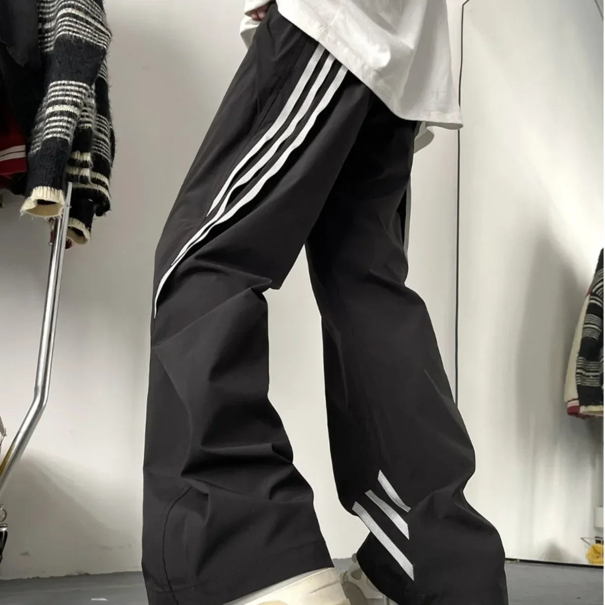 saferido American Style Stripe Zippered Trousers For Men Hip Hop Waterproof Outdoor Straight Leg Sweatpants Casual Loose Fit Pants