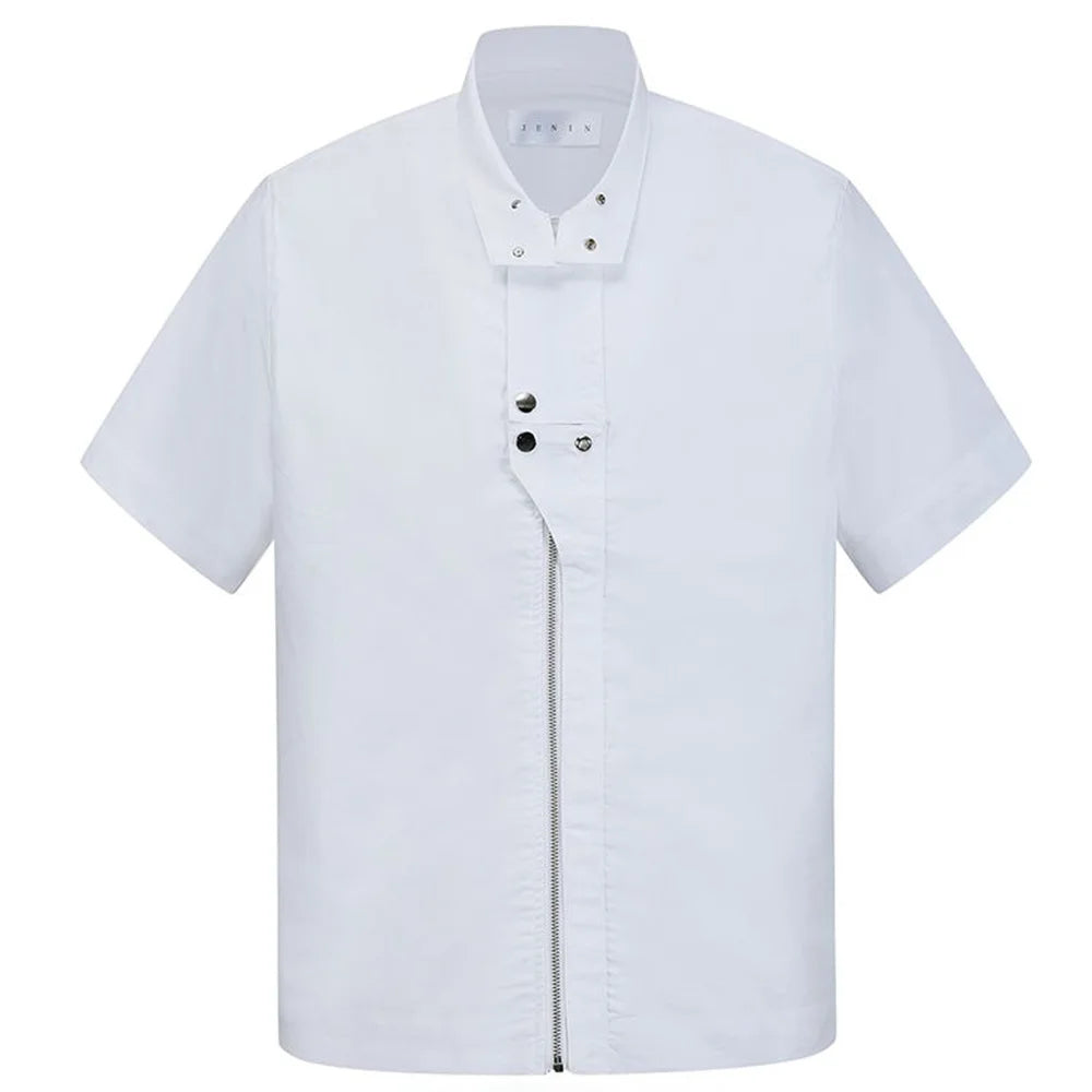 saferido Mens Stand Collar Functional Shirt Spring Summer Zipper Short Sleeve Shirts Tops Fashion Street Solid Original Design Blouse
