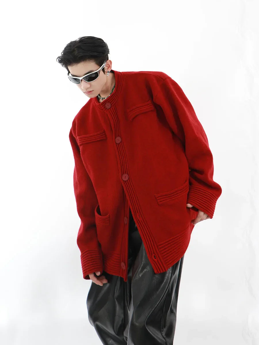 Autumn Cardigan Men Solid Baggy All-match Pockets Knitted Hip Hop Single Breasted Chic Japanese Style Advanced Handsome Harajuku