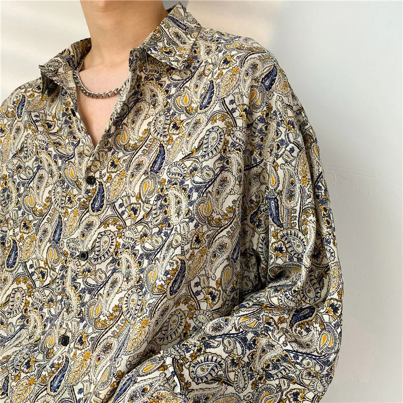 saferido Spring Summer New Cashew Flower Print Shirt Korean style Loose Casual Long-sleeved Tee Tops All-Match Blouse Men