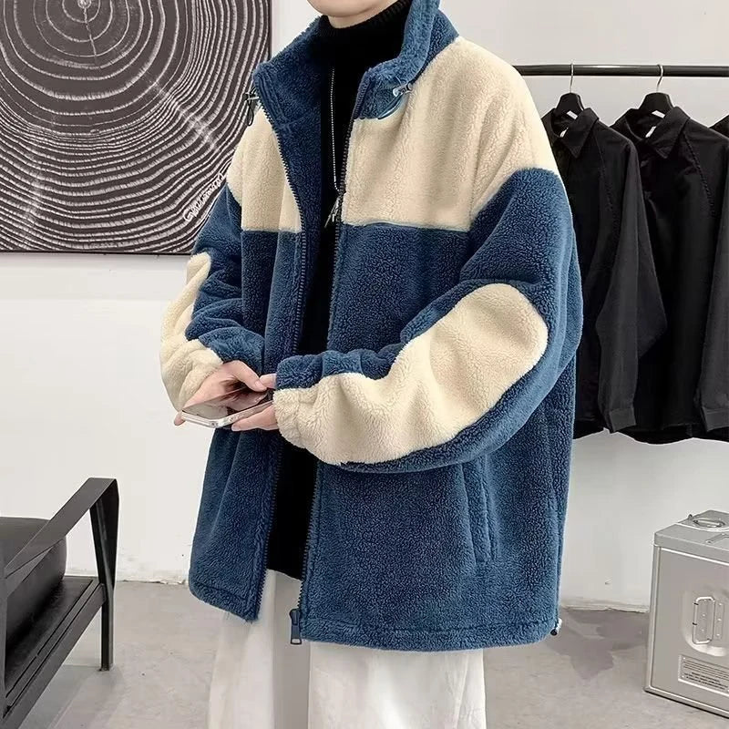 Fashion Contrast Lambs Men Winter Jacket Thicken Soft Stand Collar Pocket Coats Warm Long Sleeves Zipper Cotton Jackets New