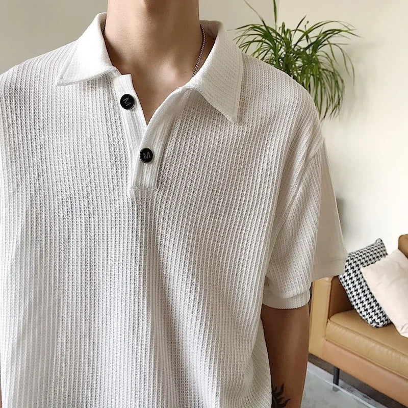 Korean Fashion Simple Short Sleeve Waffle Polo Shirt Men Advanced Texture Good Quality Lapel Loose Casual Solid Color Trend Top