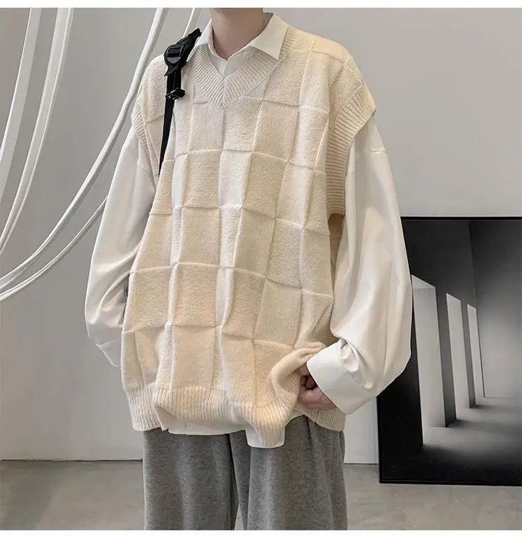 saferido Spring Autumn Fashion Solid Casual Pullover Tess Vest Men Loose Knitted Top Student Preppy Style Sweater Gentle Retro Patchwork