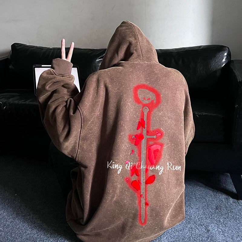 saferido Men's Multi-color Sweatshirt American Retro Washed and Old Hoodie Autumn and Winter Couple's Model Loose Top Sleeve Tops