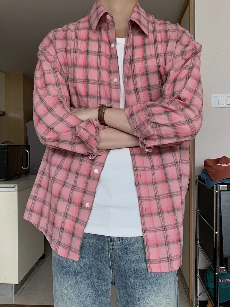 Casual Shirts Men Loose Long Sleeve Handsome Spring Autumn Daily Plaid Streetwear Fashion Korean Style Unisex Turn-down Collar