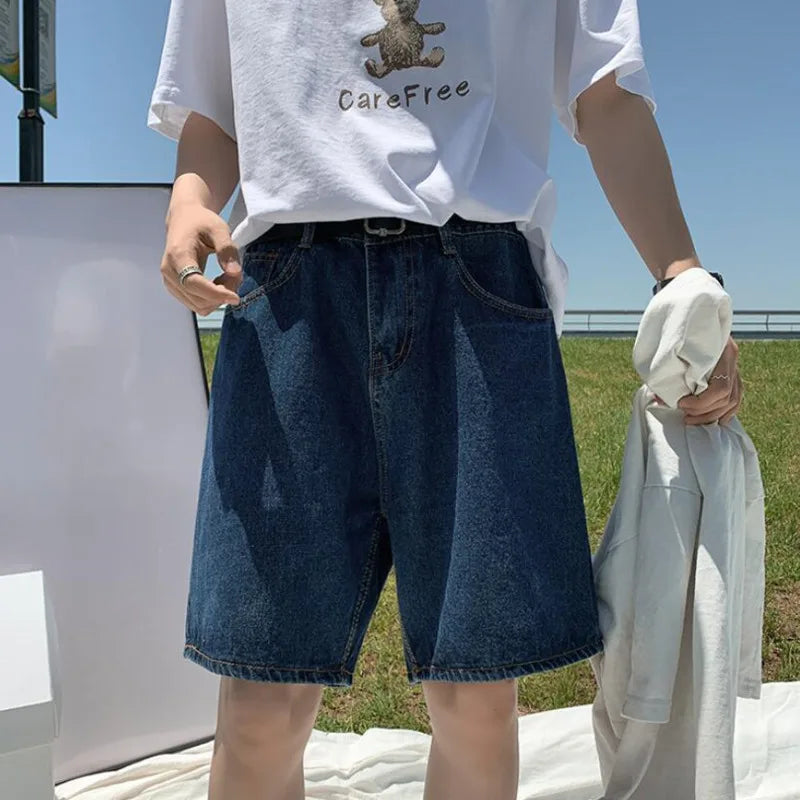 saferido Summer Denim Shorts Men Fashion Retro Blue Denim Shorts Men Streetwear Korean Loose Straight Jeans Shorts Mens Five Part Pants