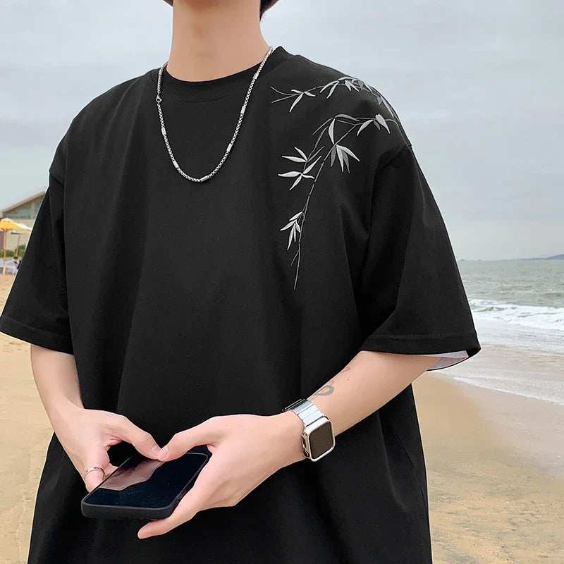 saferido Bamboo Embroidered T Shirt Men Harajuku Streetwear T-Shirts Summer Short Sleeve Black White Loose Casual Tshirt Tees Top
