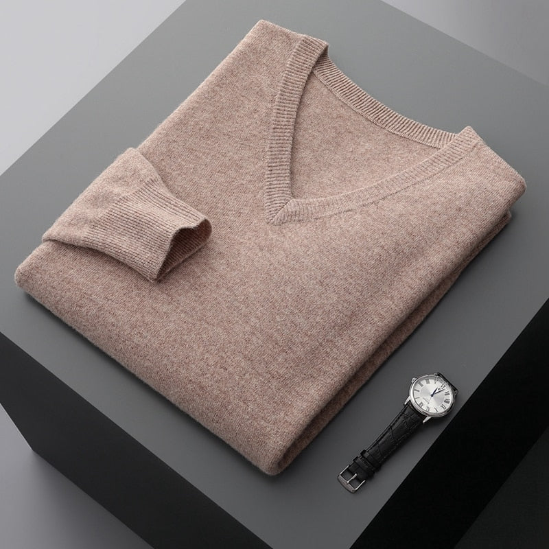 Merino Wool Sweater Men's V-neck Pullover Top Autumn Winter Knitted Casual Loose 100% Pure Wool Jacket
