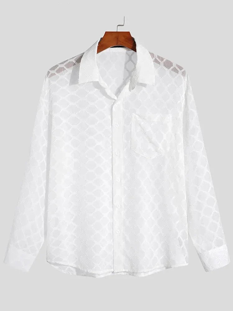 Handsome Well Fitting Men Blouse Vacation Hollow Out Stitching Male Breathable Mesh Long-sleeved Shirts S-5XL Tops