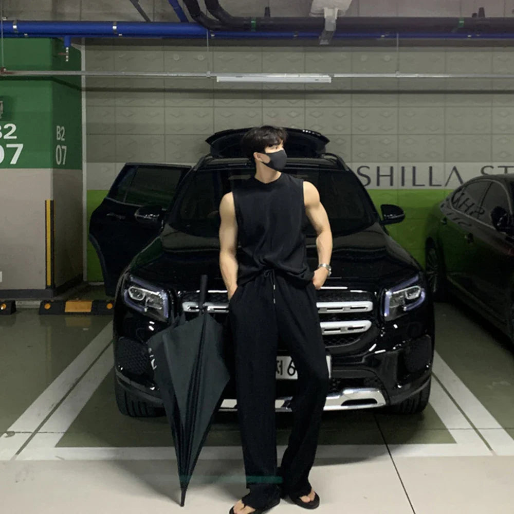 saferido Summer Clothing Men's Casual Tank Tops Set Luxury Korean Streetwear O Neck Solid Drape Vest+Trousers 2 Piece Suit 2024 New