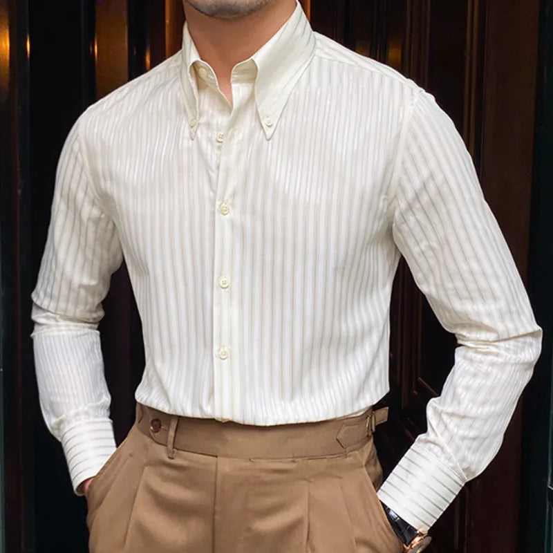 saferido Summer Retro Pointed Collar Striped Long-sleeved Shirt British Thin Versatile Casual Shirt Fashion Man Camisa Social Masculina