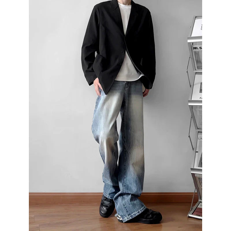 saferido Men's Korean Fashion Trend Streetwear Jeans High Street Blue/Black Denim Trousers Baggy Straight Casual Pants M-5XL