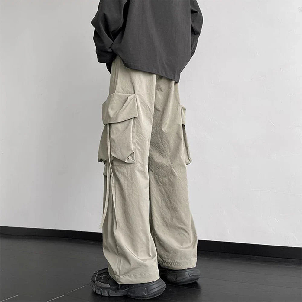 saferido Mens American Street Workwear Style Casual Wide-Leg Pants Genderless Autumn Winter Trendy Velvet Warm Pocket Trousers Unisex