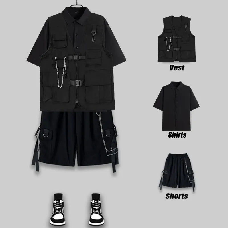 saferido Techwear Men's Shorts Set Tank Top Men Cargo Punk Rave Vest Male Shirt Streetwear Hip Hop Hippie Men Clothing Pockets