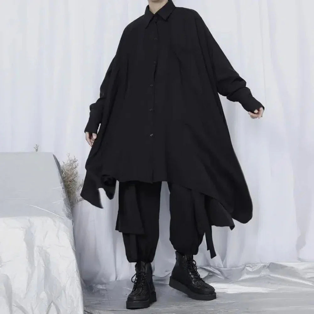 saferido Shirt Men Spring New Long Sleeve Fashion Hrajuku Gothic Irregular Handsome Loose Oversize Turn-down Collar Stylish Clothing