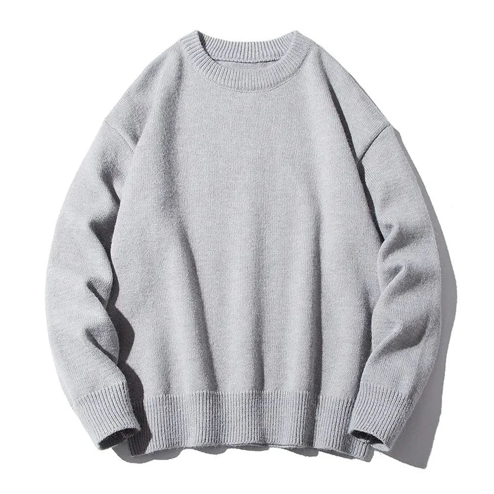 saferido Mens Autumn Japanese Lazy Style Sweater 2024 New Essential Round Neck Loose Casual Simple Solid Color Long-Sleeve Sweater For Men