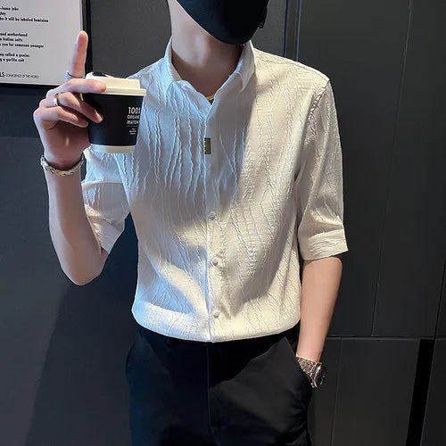 saferido Spring Casual Shirt Men Half Sleeve Slim Fit Business Formal Dress Shirts Social Party Nightclub Stripe Tuxedo Men Clothing 3XL