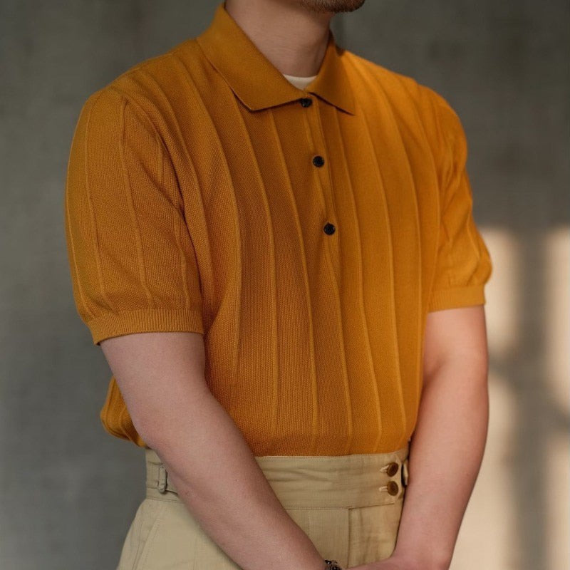 Casual Solid Knit Polo Shirt Mens Clothes Fashion Buttoned Lapel Short Sleeve Knitted Ribbed Polos Men Summer Fashion Streetwear