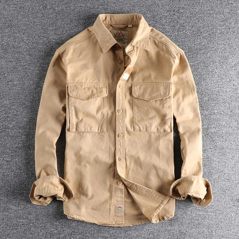 Autumn new khaki retro wash solid color work shirt men's three-dimensional pocket trend loose jacket