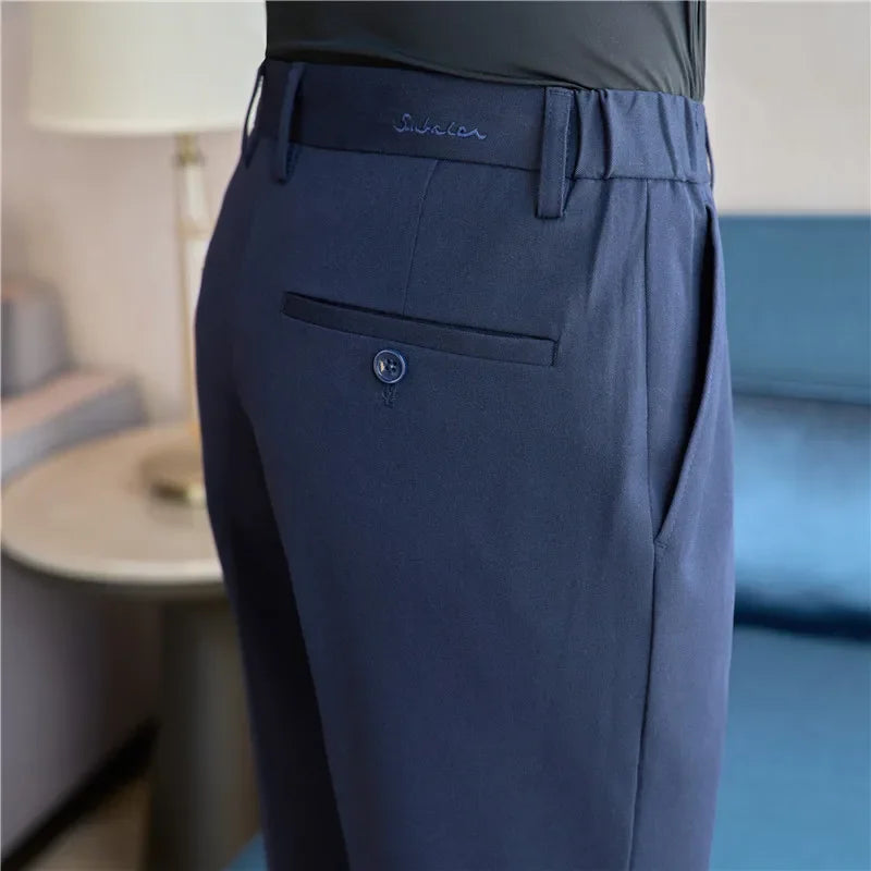 Men Suit Pants Autumn New British Style Elastic Waistband Slim Fit Solid Business Casual Formal Dress Trousers Men Clothing
