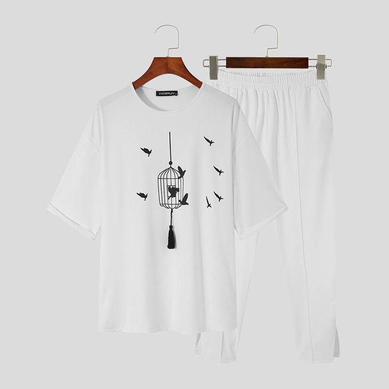 Men Sets Printing Muslim Fashion O-neck Hafl Sleeve T Shirt & Pants 2PCS Streetwear Loose Men Casual Suits S-5XL INCERUN