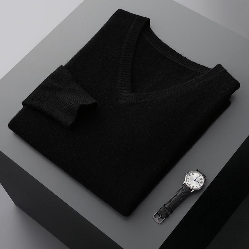 Merino Wool Sweater Men's V-neck Pullover Top Autumn Winter Knitted Casual Loose 100% Pure Wool Jacket